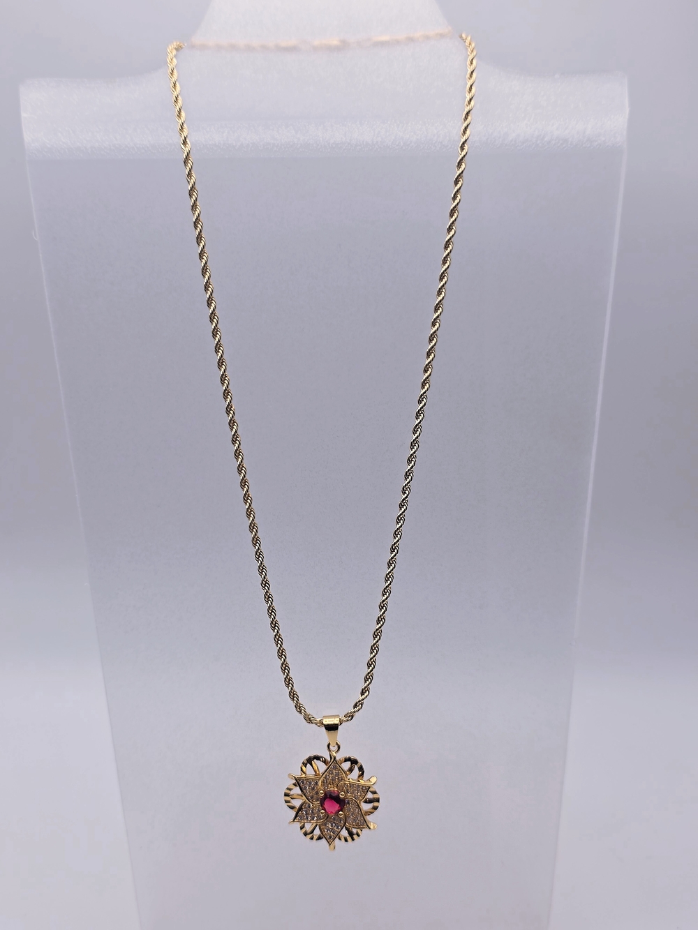 Gold Flower Pendant Necklace with Pink Center Stone - Picture 2 of 4